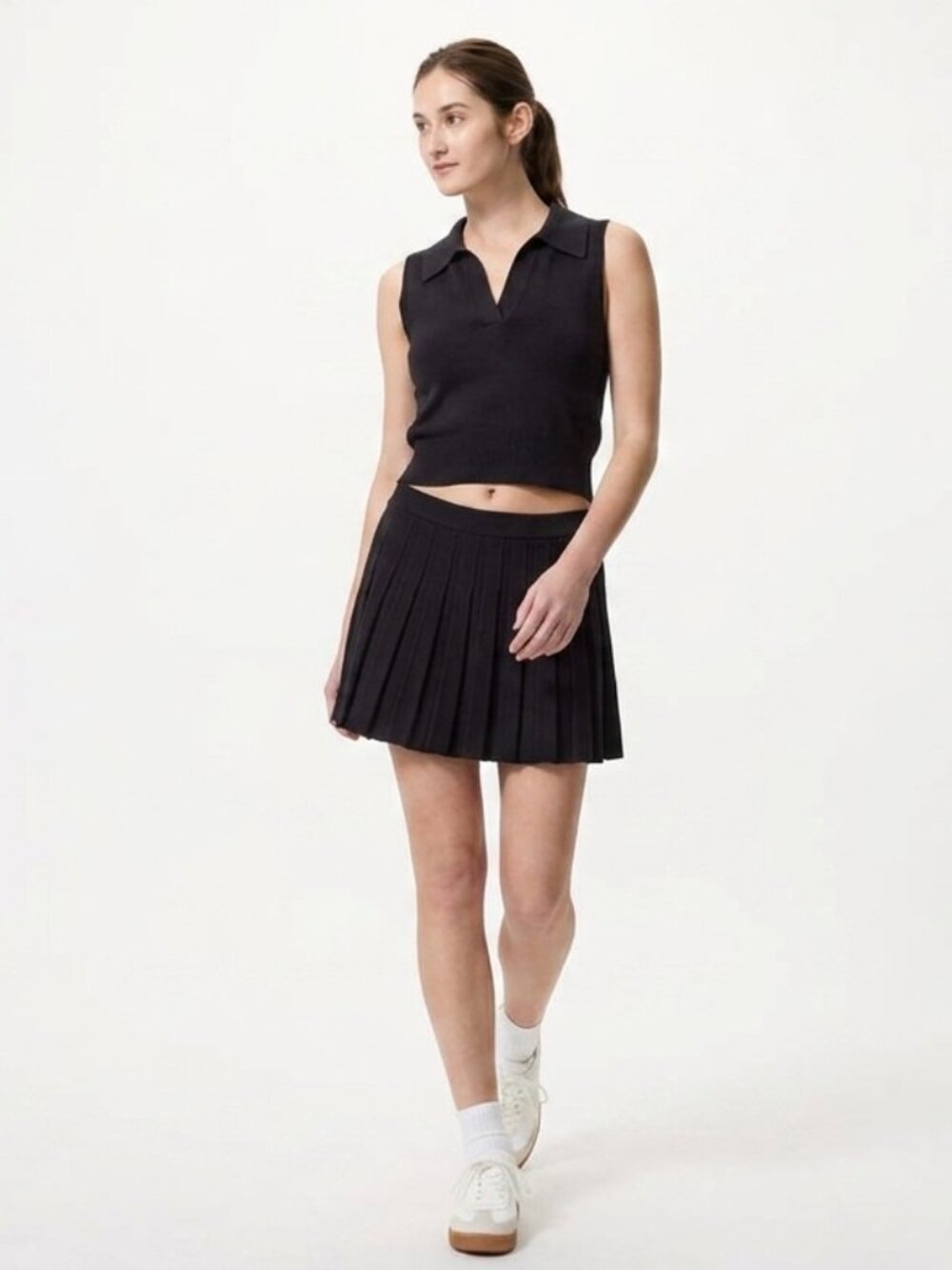 A New Day Black Cropped Sleeveless Polo Top & Pleated Mini Skirt Set
